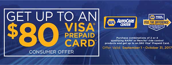 Get up to $80 VISA Card when you install NAPA Shocks and Struts