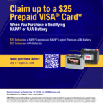 NAPA battery rebate: up to $25 prepaid card on a qualifying NAPA or AAA battery, July 1 to August 31, 2026