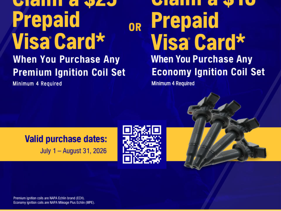 NAPA ignition coil rebate: prepaid card on a full ignition coil set, July 1 to August 31, 2026