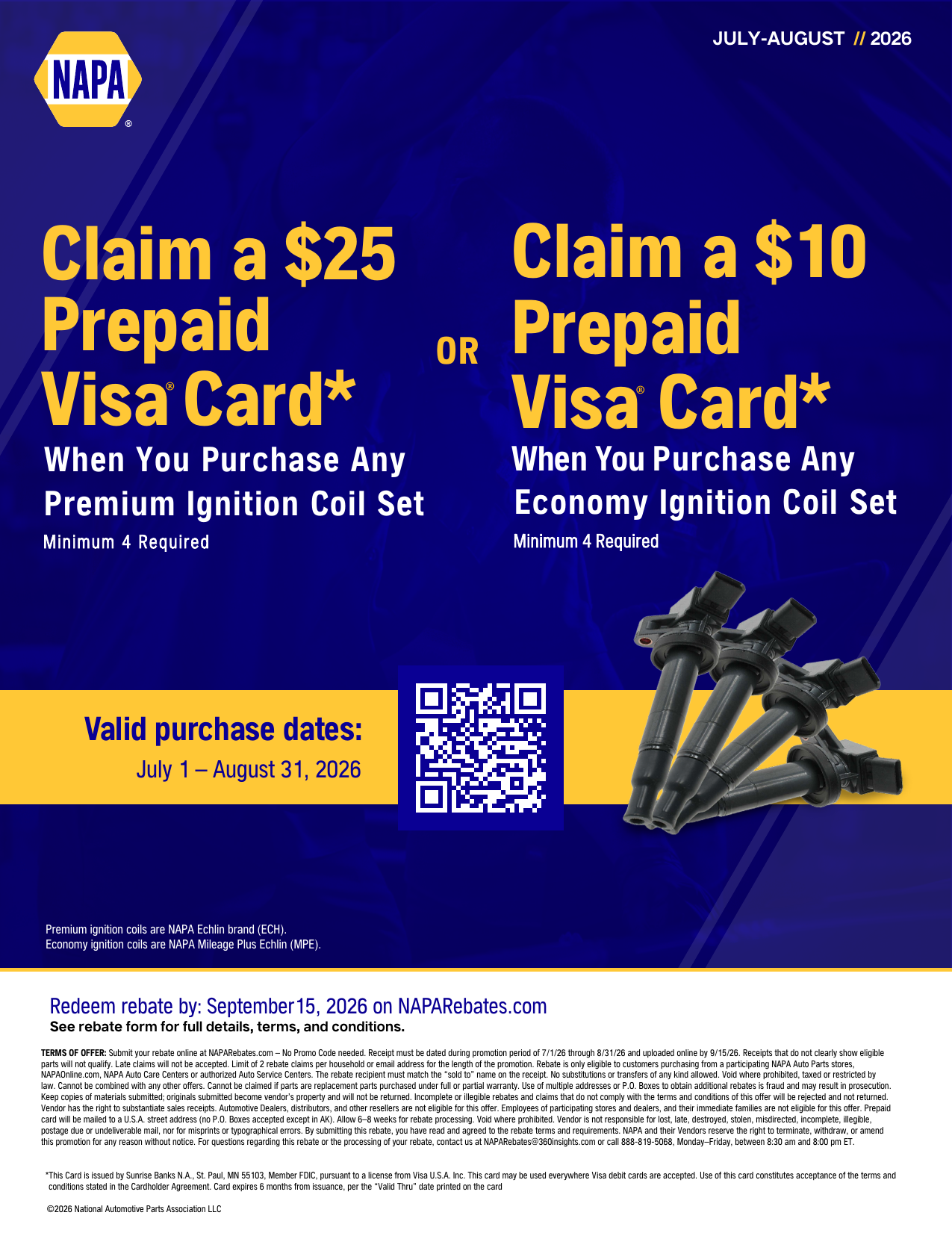 NAPA ignition coil rebate: prepaid card on a full ignition coil set, July 1 to August 31, 2026